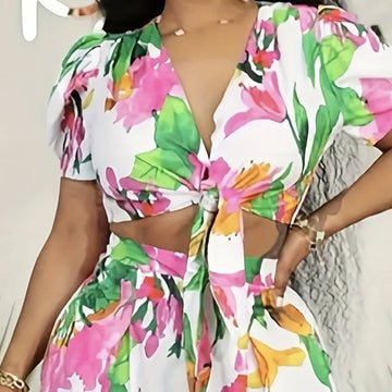 Ladies' Floral Print V-neck Tie Fashion Two-piece Set Lady T Fashions