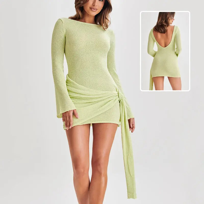 Fashion Slim Long-sleeved Dress Y2K Sexy Hip-hugging V-shaped Backless Short Dresses Womens Clothing Lady T Fashions