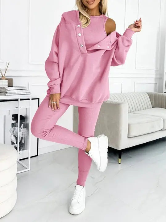 Athleisure Hoodie With Thick Thread Slim-fit Vest Pants Three Pieces Set Lady T Fashions