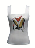 Ladies' Fashionable And Versatile Wide Shoulder Strap High Heels, Red Wine Lipstick Printed Pattern Camisole Vest Lady T Fashions