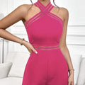 Women's Solid Color Mesh Off Shoulder Suspender Style Mesh Splicing Cross Cross Exposed Navel Sexy Elegant Style Short Jumpsuit Lady T Fashions