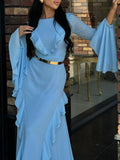 Round Neck Ruffled Long Sleeve Maxi Dress Lady T Fashions