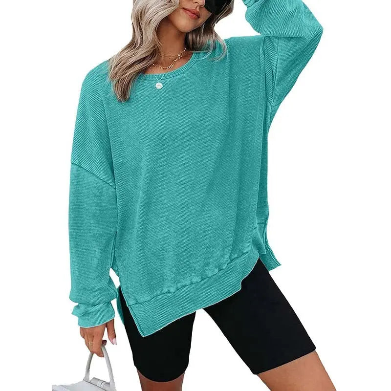 Womens Waffle Knit Crewneck Sweatshirts Long Sleeve Side Slits Casual Pullover Sweatshirt Tops Lady T Fashions