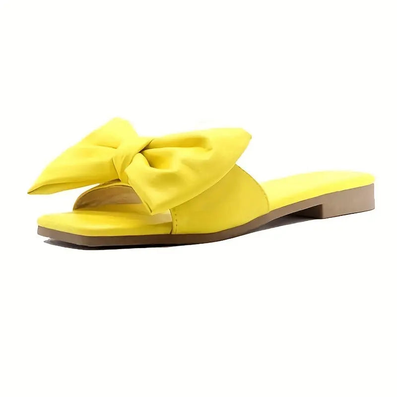 [Versatile Slippers] Versatile Non Slip Women's Bowknot Flat Slippers | Solid Color Square Open Toe Indoor & Outdoor Slides Shoes Lady T Fashions