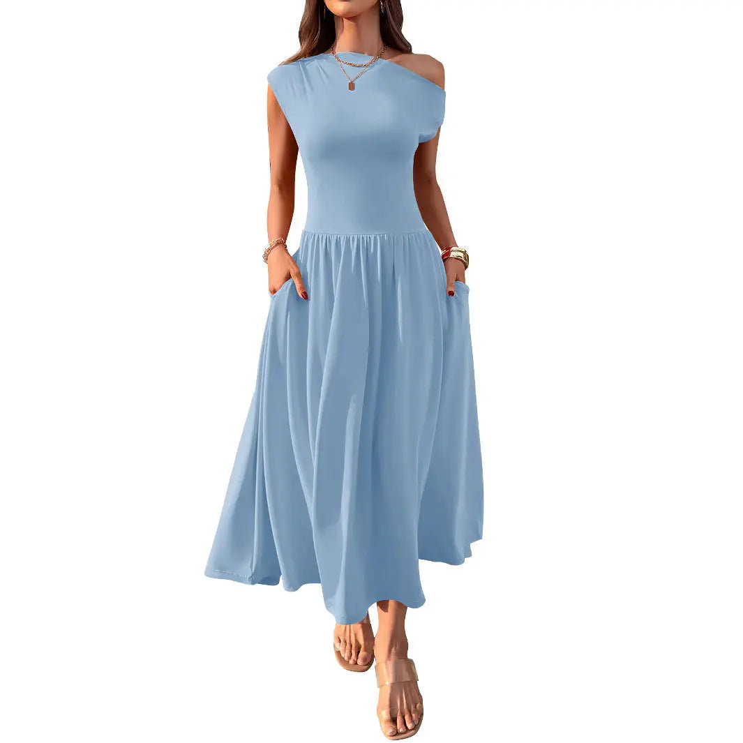 Slant Shoulder Sexy Waist Trimming Long With Pocket Dress Lady T Fashions