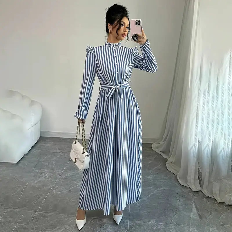 Women's Floral Print Long Sleeve Maxi Dress - Stand Collar A-Line Dress With Waist Detail, Lantern Sleeves & Ruffle Hem For Spring&Fall Lady T Fashions