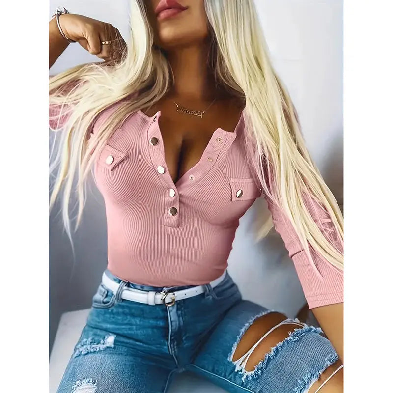 Womens Long Sleeves Ribbed Knit Tunic Shirts Scoop Neck Button-Up Tops Slim Fit Blouses Lady T Fashions