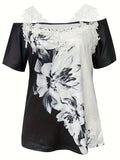 Spring Summer New Floral Print V-neck T-shirt Lace Casual Off-the-shoulder Short-sleeved Top Lady T Fashions