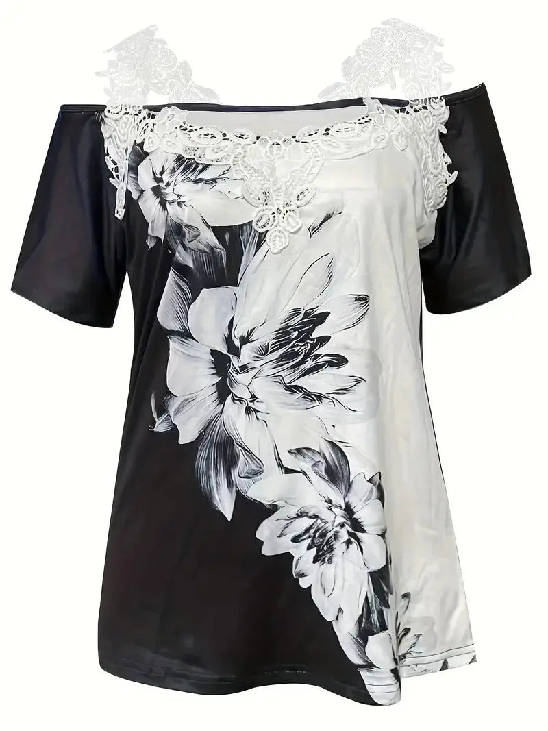 Spring Summer New Floral Print V-neck T-shirt Lace Casual Off-the-shoulder Short-sleeved Top Lady T Fashions