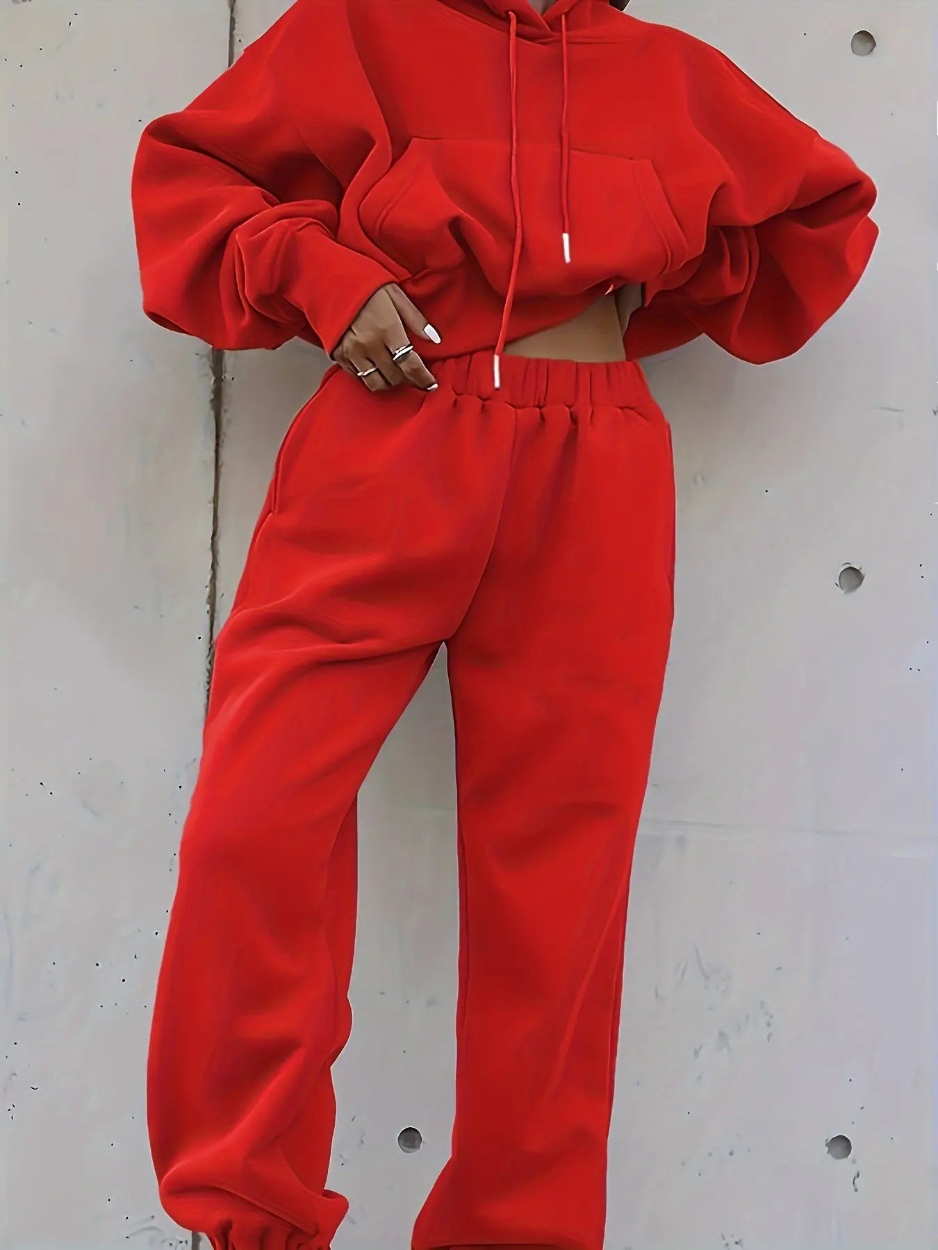 Women'S Cozy Red Hoodie & Sweatpants Set - Casual Long Sleeve Pullover with Pockets, Soft Polyester Blend, Perfect for Fall/Winter Lounging or Outdoor, Sweater Hoodie Lady T Fashions