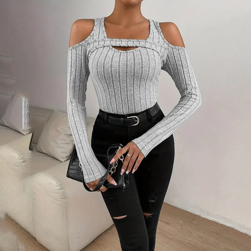 Women's Ribbed Long Sleeve Top Cut Out Front Detail Fitted Sexy Tee Casual Dressy T-Shirt Tops Lady T Fashions