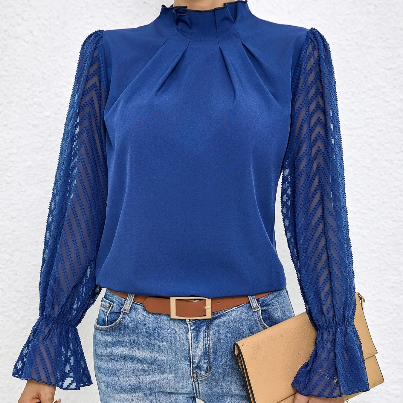 Women's Solid Color Mesh Patchwork Long Sleeved Shirt With Black Fungus Edge Collar Lady T Fashions