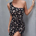 Women's One Shoulder Drawstring Pleated Ruffle Hem Floral Dress Lady T Fashions