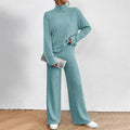 Women's Solid Color 2-Piece Set High Neck Long Sleeve Top & Pants, Striped Loungewear For Fall&Winter Lady T Fashions