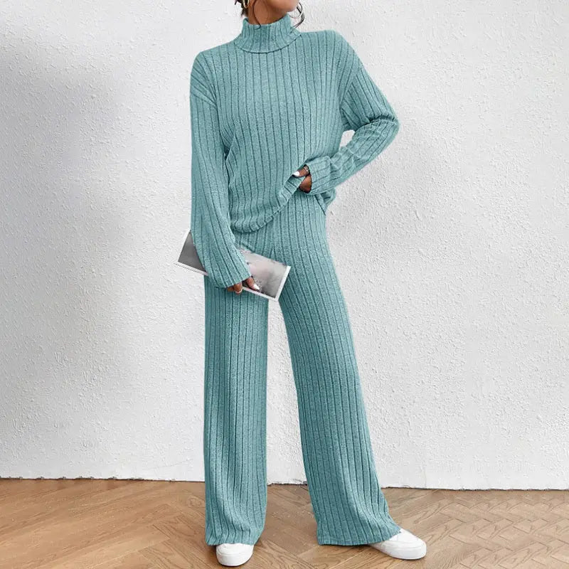 Women's Solid Color 2-Piece Set High Neck Long Sleeve Top & Pants, Striped Loungewear For Fall&Winter Lady T Fashions