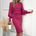 Women's Solid Color Round Neck Lantern Sleeve Bodycon Dress - Elastic Waist Knee-Length Knit Dress Lady T Fashions
