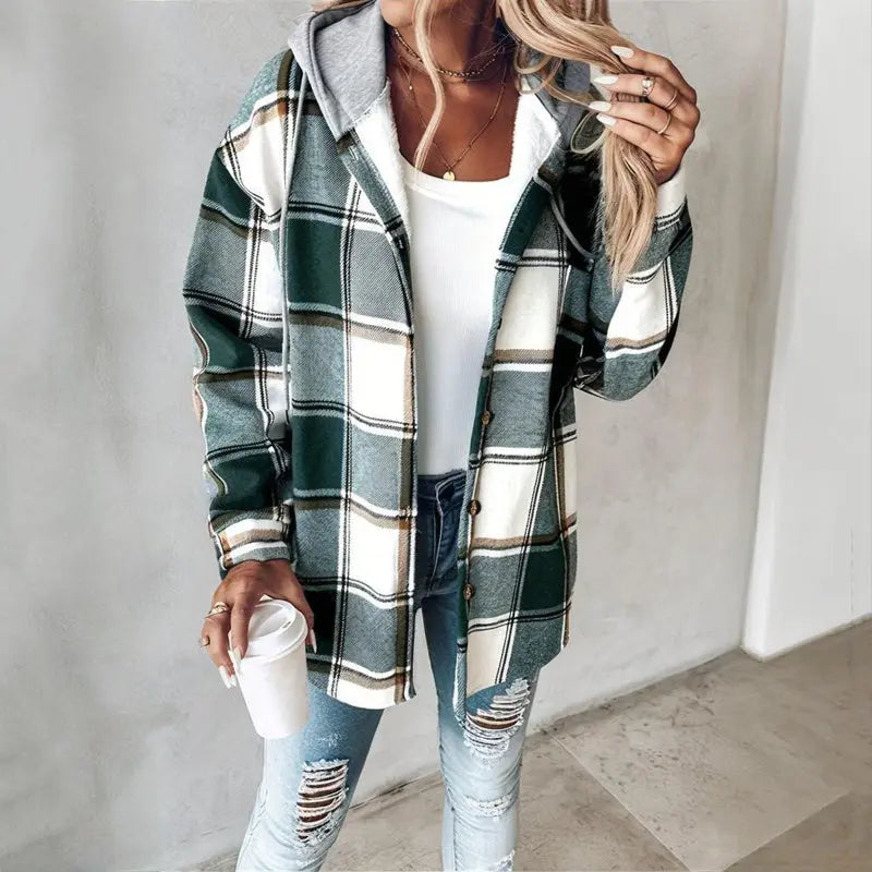 Women's Plaid Drawstring Hoodie Long Sleeve Shirt Button Front Casual Tops Spring&Fall Fashion Minimalist Style Lady T Fashions