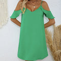 Ladies' Summer New Solid Color Mushroom Edge Folded Sleeves Off Shoulder Thin Strap V-neck Detail Design Resort Beach Dress Lady T Fashions