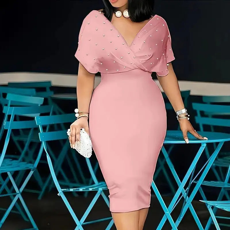 Women's Elegant Deep V Neck Wrap Bodycon Dress Back Zipper Pencil Midi Dress Lady T Fashions