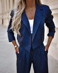 Women's Spring Fashion Striped Suits Casual Lapel Long Sleeve Cropped Top And Straight Pants Outfits Women's Clothing Lady T Fashions