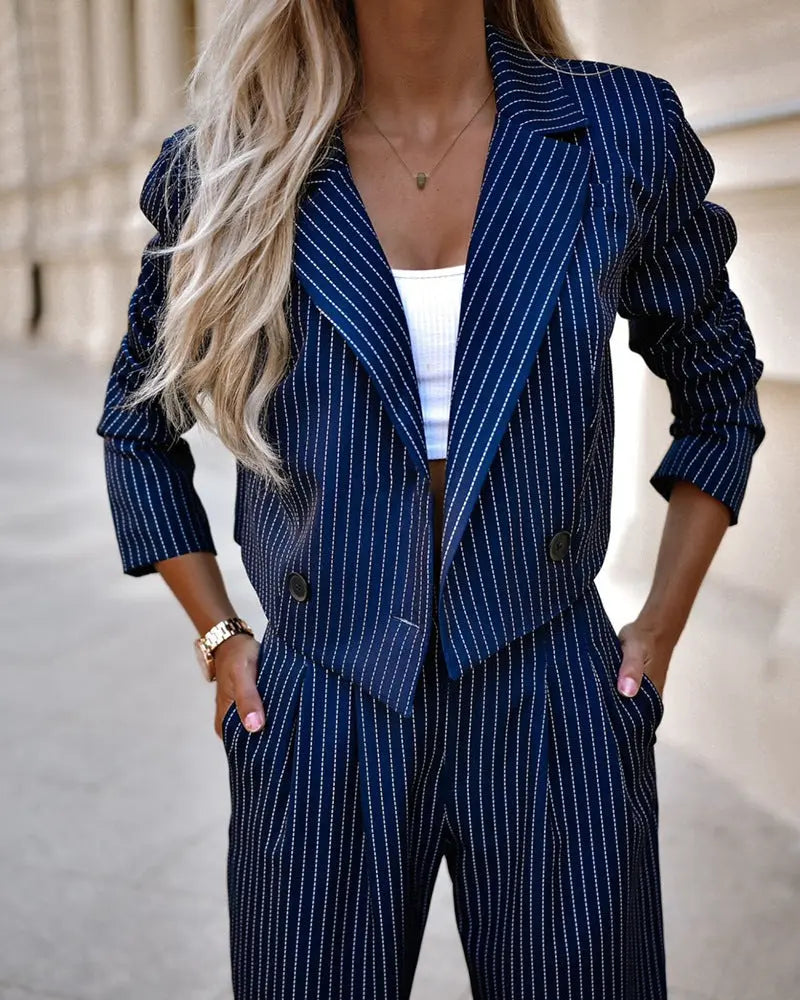 Women's Spring Fashion Striped Suits Casual Lapel Long Sleeve Cropped Top And Straight Pants Outfits Women's Clothing Lady T Fashions
