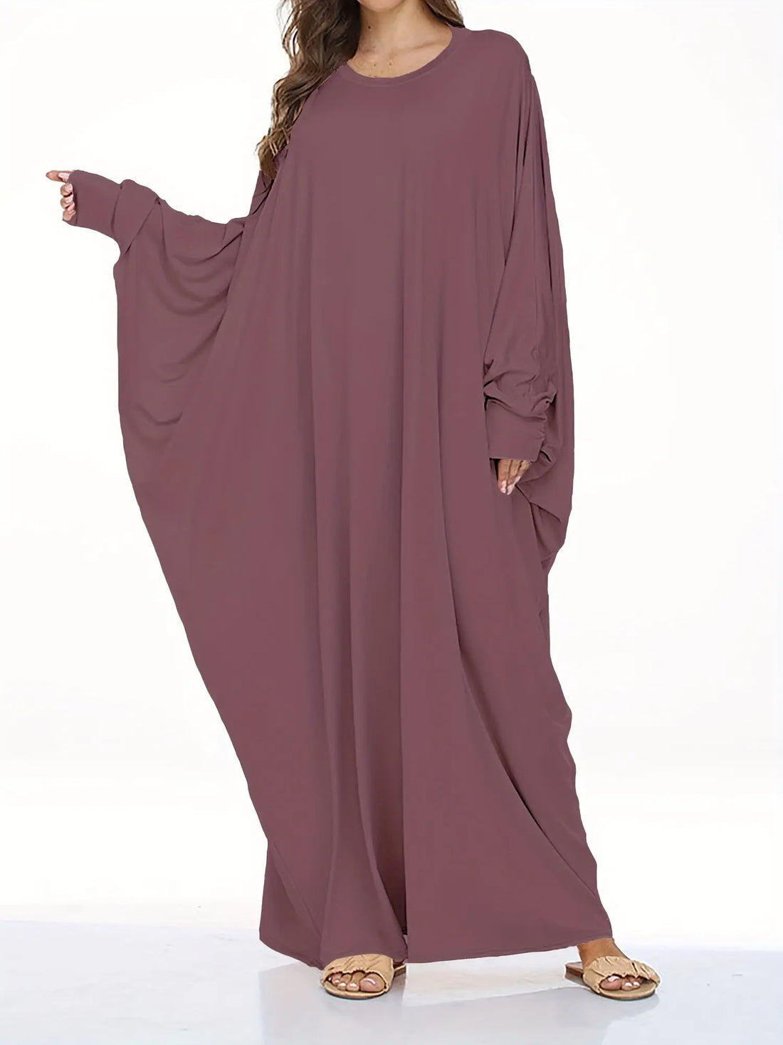 Elegant Long-Sleeve Batwing Tunic Dress for Plus Size Women - Loose Fit, Polyester, Solid Brown, All-Season Wear, Pullover Style, Comfortable Sandals, Plus Size Clothing | Elegant Tunic Dress | Polyester Fabric Lady T Fashions