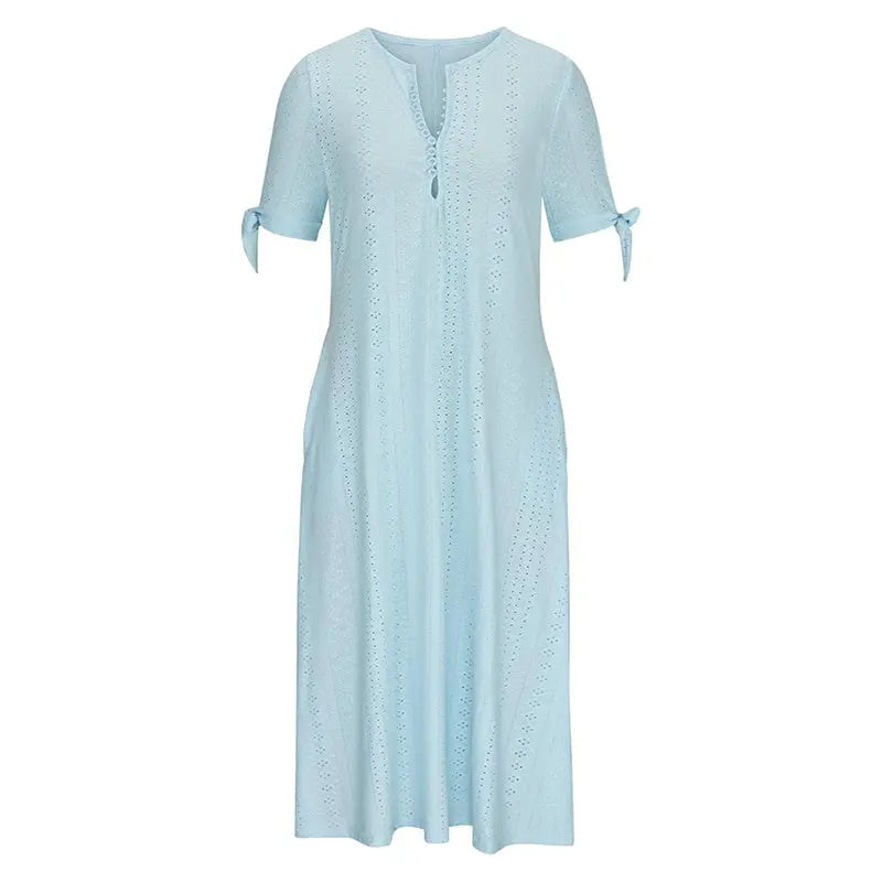 Women's Eyelet V-Neck Maxi Dress Short Sleeve Flowy A-Line Summer Beach Dress Lady T Fashions