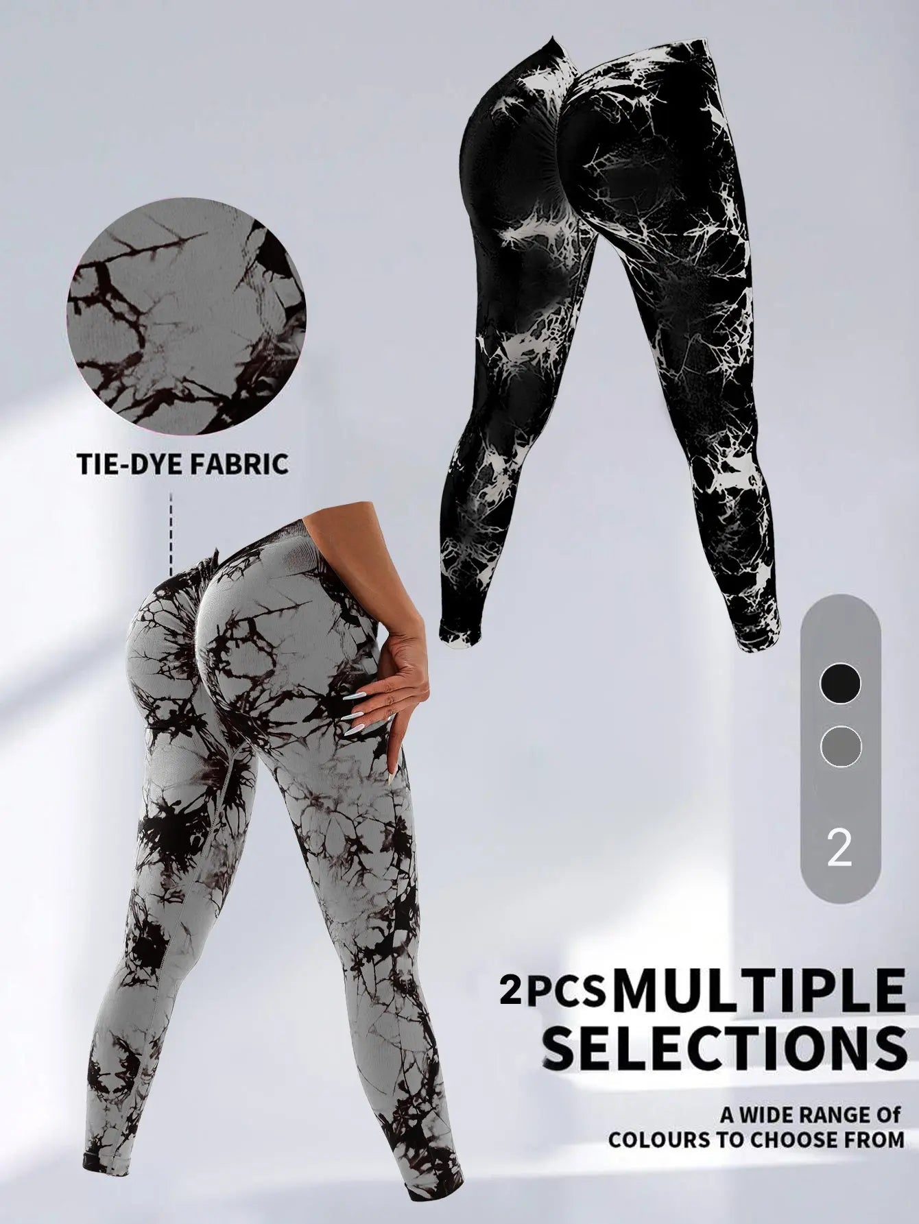 2 Pack Tie-Dye High Waist V-Back Yoga Leggings, Peach-Hip Enhancing Athleisure Tights, Sport Style Fitness Pants Lady T Fashions