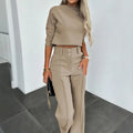 Women's Elegant Solid Color Half Sleeve Short Top With Straight Leg Pants Two-Piece Office Wear Suit With Pockets Lady T Fashions