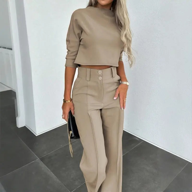 Women's Elegant Solid Color Half Sleeve Short Top With Straight Leg Pants Two-Piece Office Wear Suit With Pockets Lady T Fashions