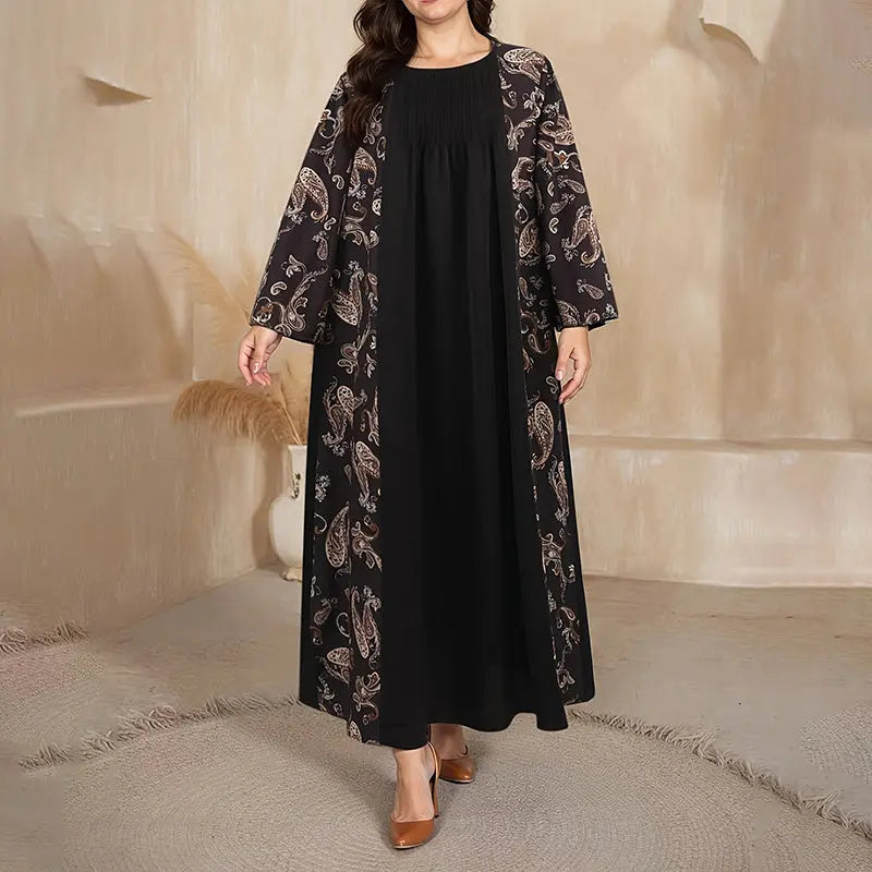 Women's Plus Size Bohemian Floral Printed Maxi Dress, Pleated Front Long Sleeve Crew Neck Loose Fit Lady T Fashions