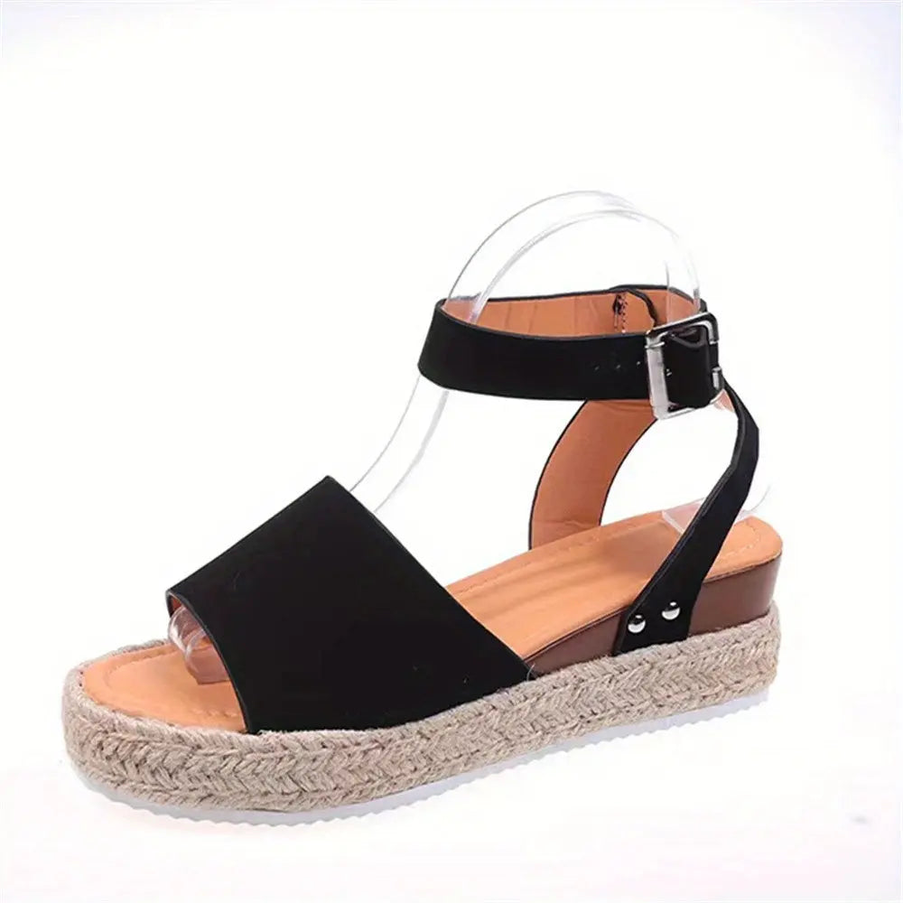 Mid Heel Platform Espadrille Sandals - Buckle Ankle Strap, Open Toe, Lightweight, Non Slip, Faux Leather Upper, PU Sole, Comfortable, Casual, Solid Color, Summer Shoes for Women Lady T Fashions