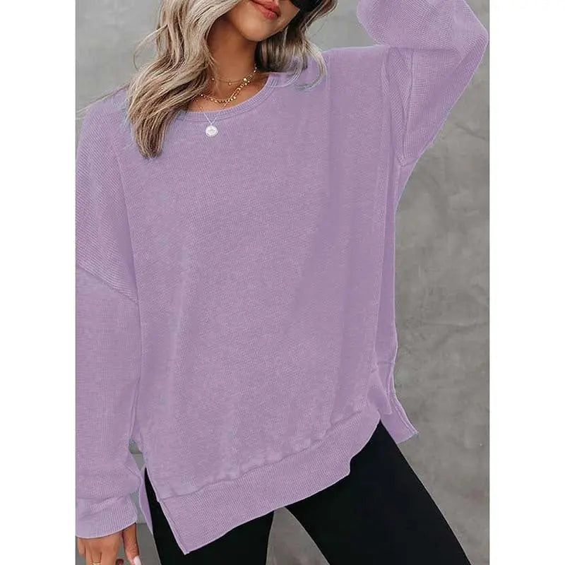 Womens Waffle Knit Crewneck Sweatshirts Long Sleeve Side Slits Casual Pullover Sweatshirt Tops Lady T Fashions