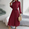Elegant High Neck Long Sleeve Pleated Maxi Dress - Solid Color Flowy Dress For Women, Casual To Formal Wear Lady T Fashions