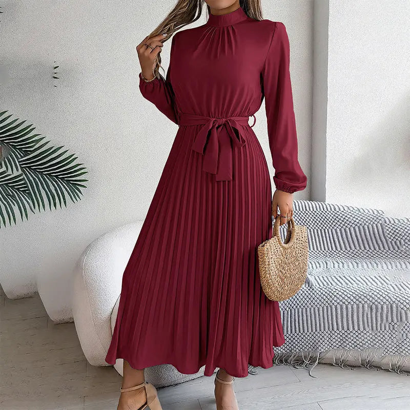 Elegant High Neck Long Sleeve Pleated Maxi Dress - Solid Color Flowy Dress For Women, Casual To Formal Wear Lady T Fashions