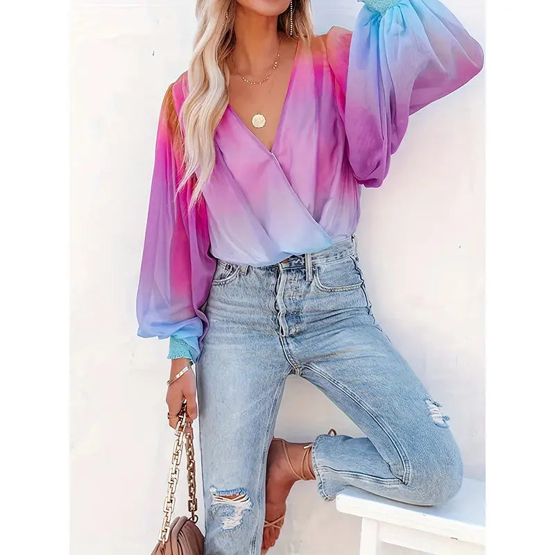Womens V Neck Gradient Color Long Sleeve Tops 2025 Summer Casual Loose Puff Sleeve Chiffon Shirts Lady T Fashions