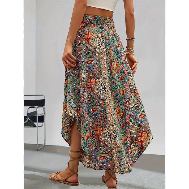 Women's High Elastic Waist Midi Skirt Casual Summer Trendy Tie Front Flowy Floral Print Beach Long Skirt Lady T Fashions