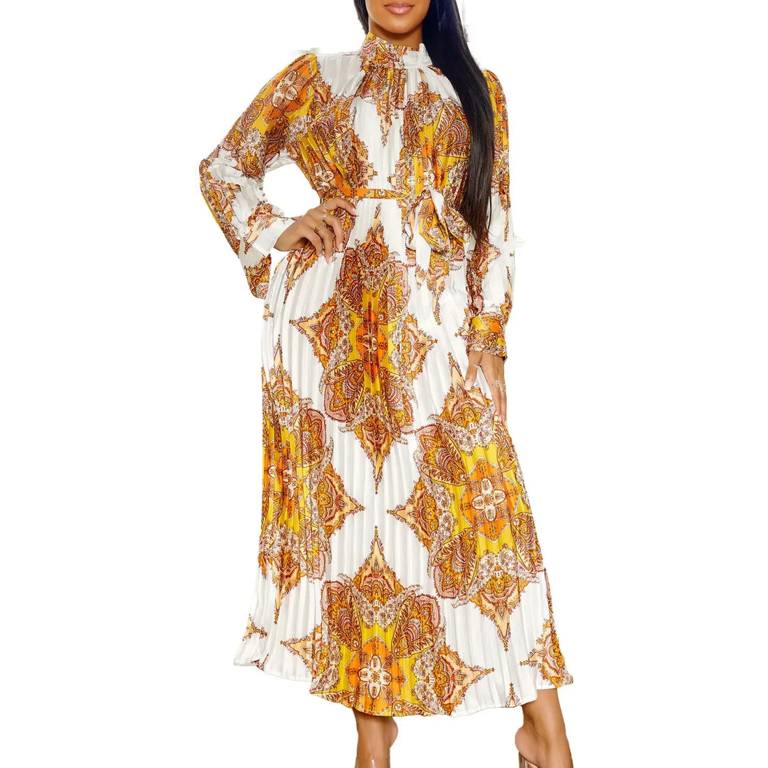 Fashion Women's Wear Printed Long Sleeve Pleated Dress Lady T Fashions
