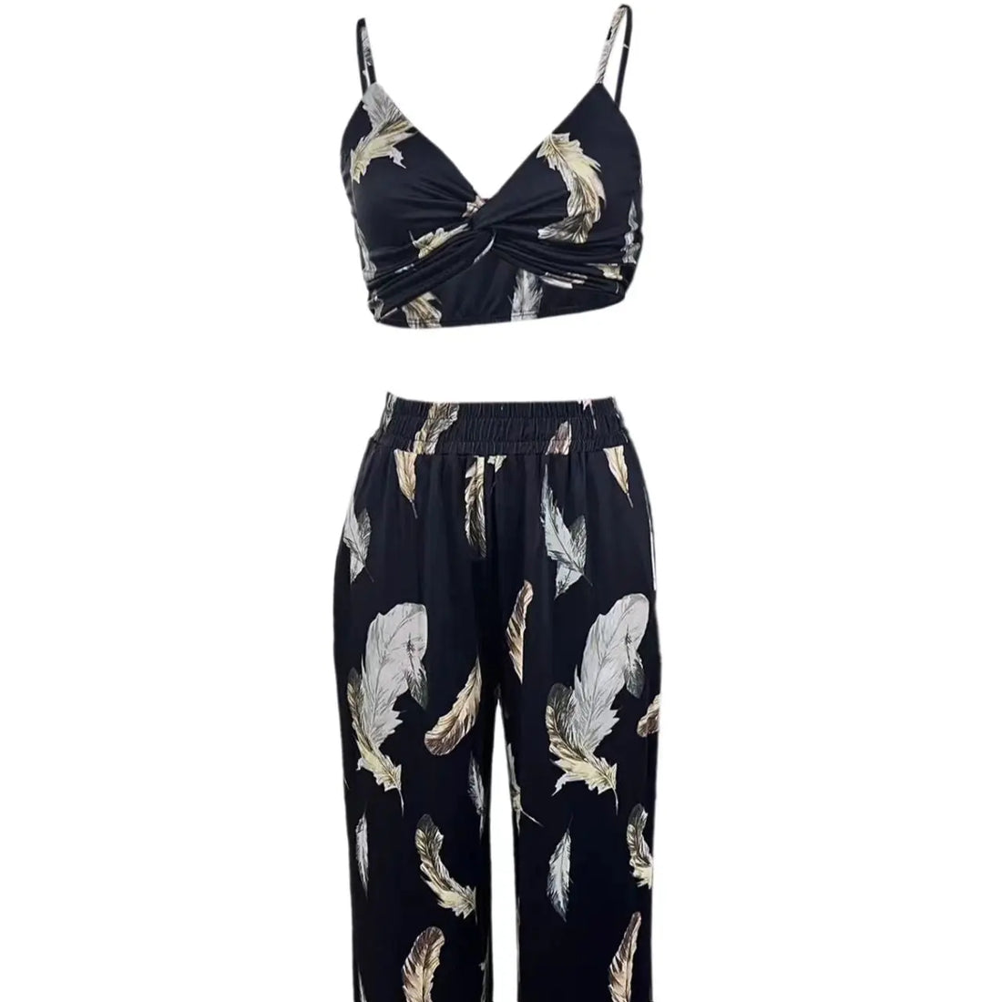 Ladies' High Waist Drawstring Feather Flower Printed Pants, Beach Pocket Pants, Sexy Top Set Lady T Fashions