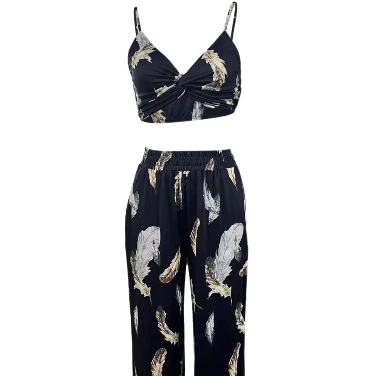 Ladies' High Waist Drawstring Feather Flower Printed Pants, Beach Pocket Pants, Sexy Top Set Lady T Fashions