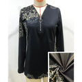 Women's Elegant Floral Print V-Neck Long Sleeve T-Shirt With Zip Detail - Slim Fit Casual Top For Spring&Fall Lady T Fashions