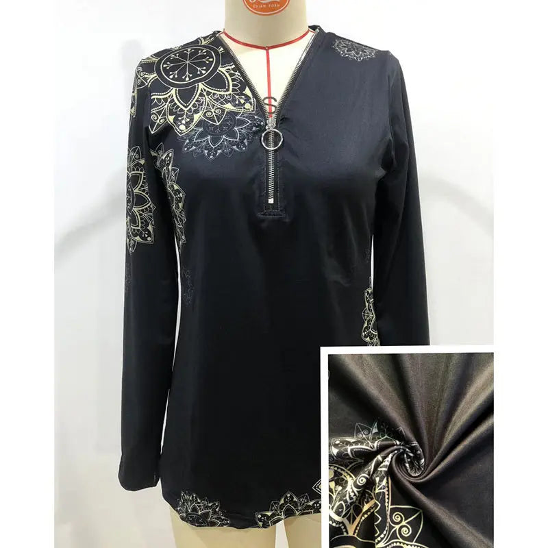 Women's Elegant Floral Print V-Neck Long Sleeve T-Shirt With Zip Detail - Slim Fit Casual Top For Spring&Fall Lady T Fashions