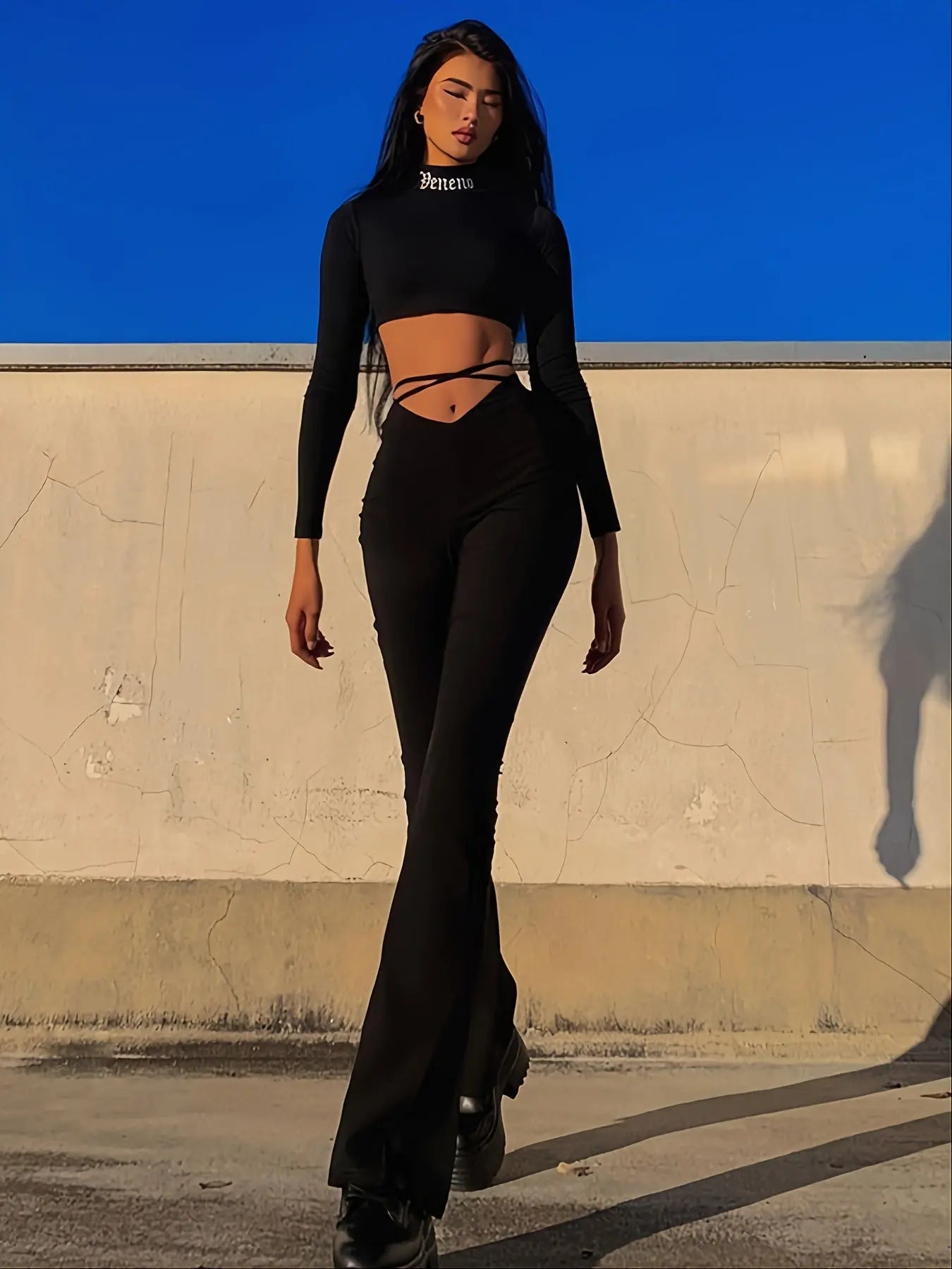 Long Length Solid Criss Cross Flare Leggings - High Waist Fitted, Elastic Waist, Mid Elasticity, Cross Strap, Sheer, Machine Washable - Perfect for Weekend Casual, Fall Season, Young Women Lady T Fashions