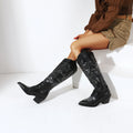 Women's Chunky Heel Spider Print Knee High Boots, Pointed Toe Solid Color Slip On Long Boots, Comfortable Shoes Lady T Fashions