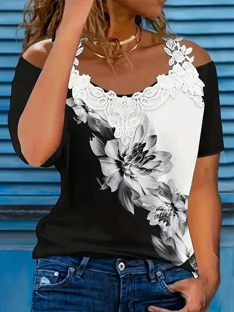Spring Summer New Floral Print V-neck T-shirt Lace Casual Off-the-shoulder Short-sleeved Top Lady T Fashions
