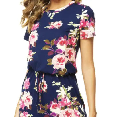 Ladies' Round Neck Floral Print Elegant Drawstring Slanted Pocket Detail Dress Lady T Fashions