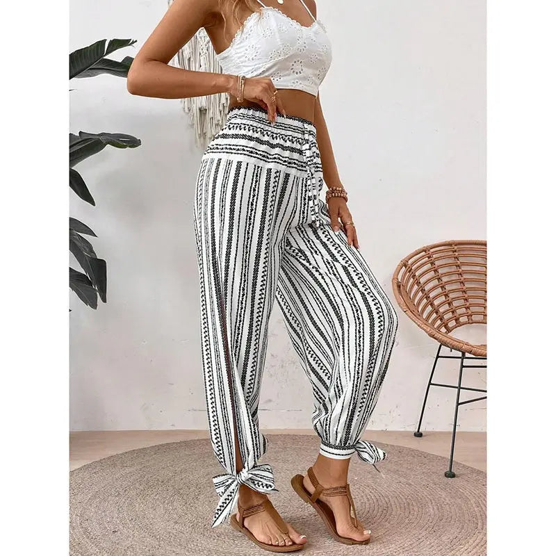 Women's Fashion Striped Long Pants Side-Slit Design Trendy Casual Trousers Lady T Fashions