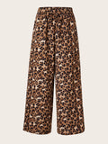 Women's Plus Size Leopard Print Wide Leg Pants - Elastic Waist, Loose Fit Casual Straight Leg Trousers For Spring Summer Fall, Lightweight Polyester Blend, Perfect For Beach Or Outdoor Outings Lady T Fashions