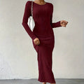 Women's Crew Neck Long Sleeve Ribbed Dress Side Slit Knit Bodycon Midi Dress Lady T Fashions