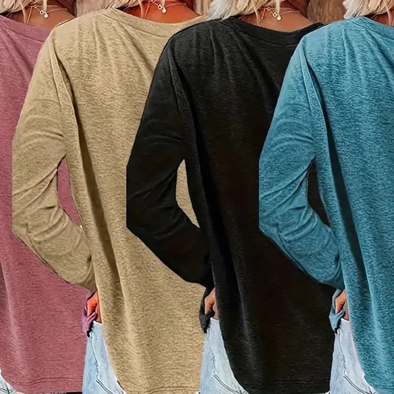 4 Pack Women's Solid Color Casual Set Round Neck Long Sleeve Tops For Spring&Fall Lady T Fashions